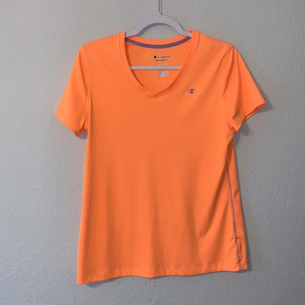 Champion Performance Orange V-Neck Short Sleeve Workout Shirt Size Large
